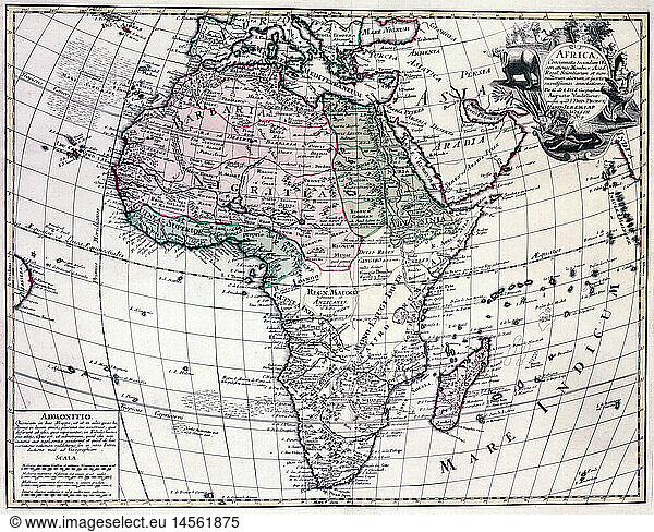 ÃœF  SG hist.  Kartographie  Landkarten  Afrika  Karte von Guillaume de l'Isle (1675 - 1726)  Kupferstich  koloriert  von Jeremias Wolff  Augsburg  um 1710
