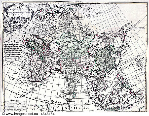 ÃœF  SG hist.  Kartographie  Landkarten  Asien  Karte von Guillaume de l'Isle (1675 - 1726)  Kupferstich  koloriert  von Jeremias Wolff  Augsburg  um 1710