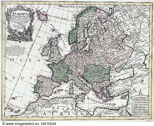 ÃœF  SG hist.  Kartographie  Landkarten  Europa  Karte von Guillaume de l'Isle (1675 - 1726)  Kupferstich  koloriert  von Jeremias Wolff  Augsburg  um 1710