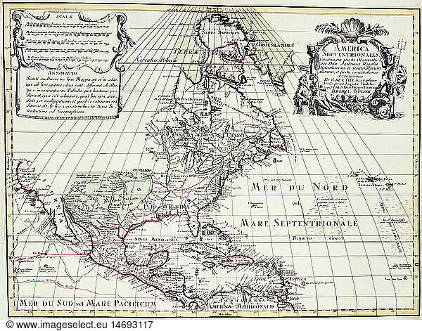 ÃœF  SG hist.  Kartographie  Landkarten  Nordamerika  Karte von Guillaume de l'Isle (1675 - 1726)  Kupferstich  koloriert  von Jeremias Wolff  Augsburg  um 1710