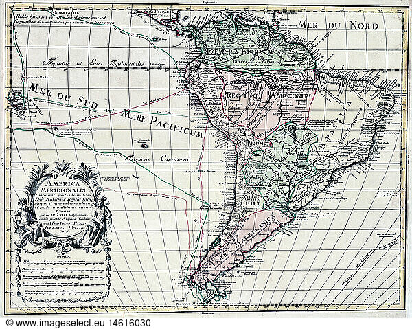 ÃœF  SG hist.  Kartographie  Landkarten  SÃ¼damerika  Karte von Guillaume de l'Isle (1675 - 1726)  Kupferstich  koloriert  von Jeremias Wolff  Augsburg  um 1710