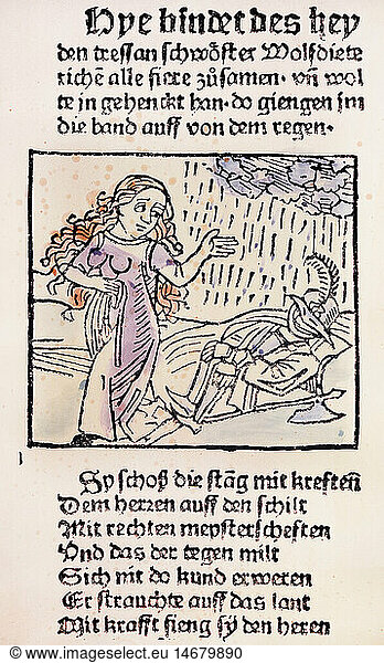 ÃœF  SG hist.  Literatur  Mittelalter  Wolfdietrich-Sage  kolorierter Holzschnitt  Ulm  um 1490