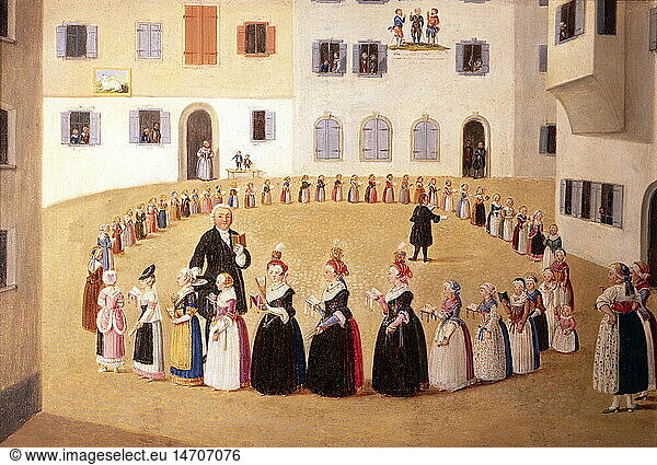 ÃœF  SG hist.  PÃ¤dagogik  Schule  Kinderfest der MÃ¤dchenschule  Genaue Abbildung der Memminger BÃ¼rgertracht  von Elias Friedrich (1759-1836) KÃ¼chlin  Ã–l auf Holz  45 5 x 30 5 cm  18. Jahrhundert  StÃ¤dtisches Museum Memmingen
