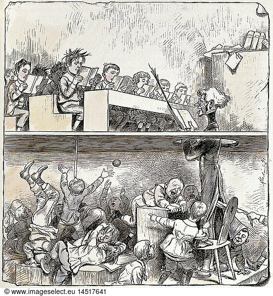 ÃœF  SG hist.  PÃ¤dagogik  Schule  Zwei-Klassen-Unterricht  Illustration von Adolf OberlÃ¤nder  aus 'Fliegende BlÃ¤tter'  1892  Privatsammlung
