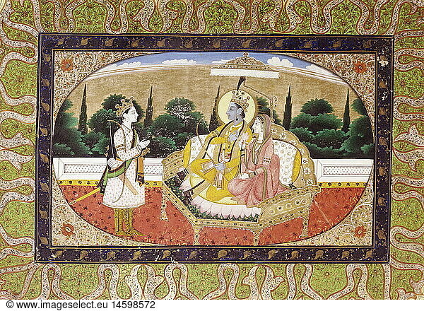 ÃœF  SG hist.  Religion  Hinduismus  gekrÃ¶nter Rama (mit Bogen) und Sita auf dem Diwan sitzend  davor gekrÃ¶nter Lakshmana  ein jÃ¼ngerer Bruder Ramas  Miniatur  Indien  Pahari Schule  Kangra  Punjab  um 1840