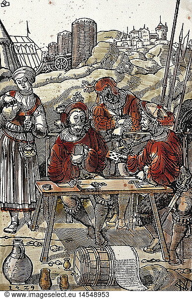 ÃœF  SG hist.  Spiel  Karten  Landsknechte beim Kartenspiel  wÃ¤hrend der Belagerung einer Stadt  Holzschnitt  koloriert  deutsch  Monogramm 'AW'  1529  Privatsammlung