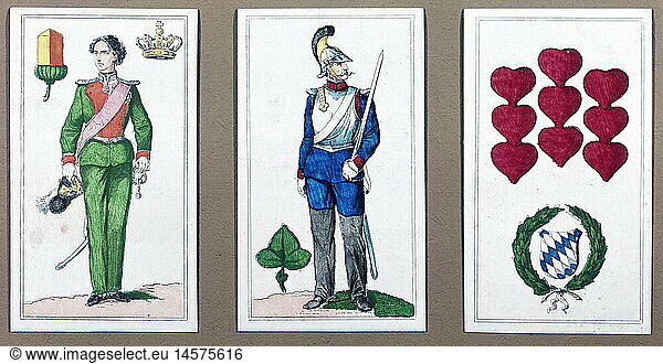 ÃœF  SG hist.  Spiel  Karten  3 Spielkarten aus einem bayerischen Kartenpack mit kÃ¶niglichen Soldaten und Wappen  um 1840