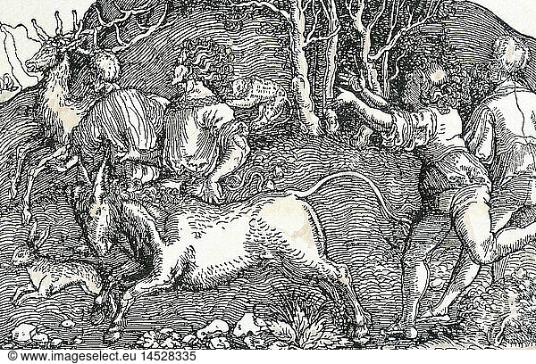 ÃœF  SG hist.  Sport  Laufen  zwei schnelle und zwei langsame LÃ¤ufer mit den Tieren Hirsch  Hase  Esel und Katze  Petrarca - Meister  1532-1620  Privatsammlung