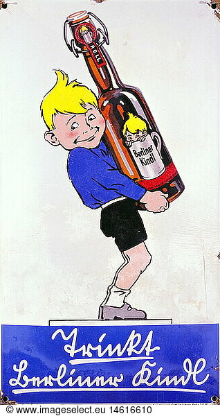 ÃœF  SG hist.  Werbung  GetrÃ¤nke  Bier  Emaille Reklameschild 'Trinkt Berliner Kindl'  hergestellt vom Emaillierwerk Gottfried Dichanz  Berlin  um 1915  25 cm x 45 cm