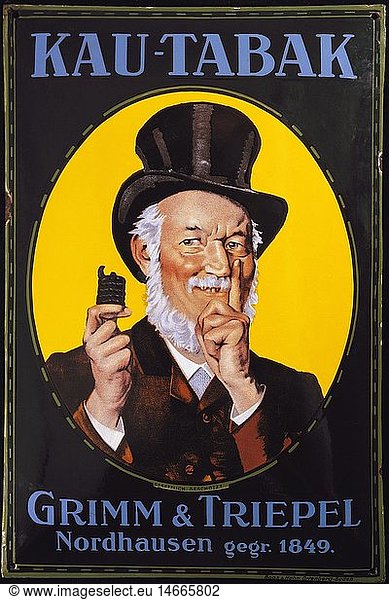 ÃœF  SG hist.  Werbung  Tabak  Kautabak  Emaille Reklameschild 'Kau -Tabak  Grimm & Triepel'  Nordhausen  Deutschland  1910  40 x 60 cm