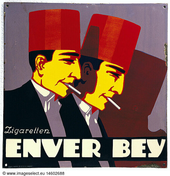 ÃœF  SG hist.  Werbung  Tabak  Zigaretten  Emaille Reklameschild  'Zigaretten Enver Bey'  Deutschland  um 1910