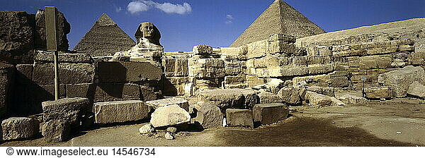 Ãœ Geo.  Ã„gypten  Gizeh  groÃŸe Sphinx und Pyramiden des Chephren und Cheops  um 2700 - 2500 vChr.
