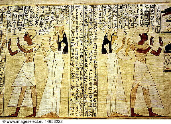 Ãœ Geo. hist.  Ã„gypten  Totenkult  Totenbuch der KÃ¶nigin Nedjem  die KÃ¶nigin und ihr Sohn  Papyros  um 1400 vChr.  18. Dynastie  British Museum  London