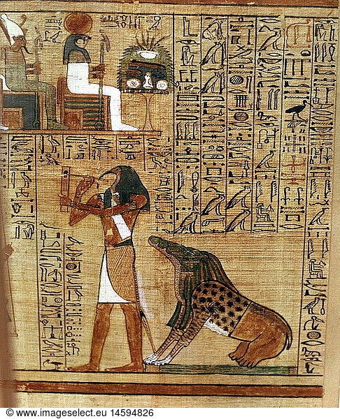 Ãœ Geo. hist.  Ã„gypten  Totenkult  Totenbuch des Ani  Thot und Ammut  Papyros  um 1250 v. Chr.  19. Dynastie  British Museum  London