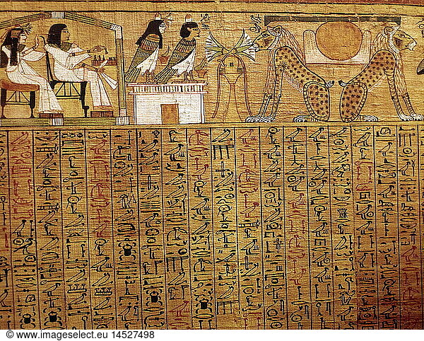 Ãœ Geo. hist.  Ã„gypten  Totenkult  Totenbuch des Ani  Verstorben mit ihrem Ba  Papyros  um 1250 vChr.  19. Dynastie  British Museum  London