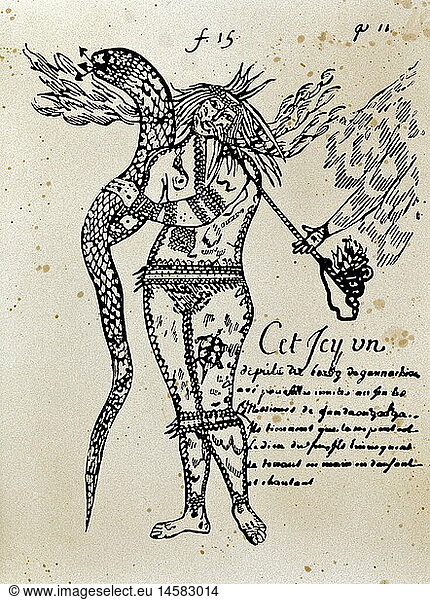 Ãœ Geo. hist. USA  Menschen  Indianer  StÃ¤mme  Abgesandter der Irokesen  (evtl. Medizinmann)  Ganzfigur  Federzeichnung  von Charles Becard de Granville  um 1701  Sammlung Valtat  Paris