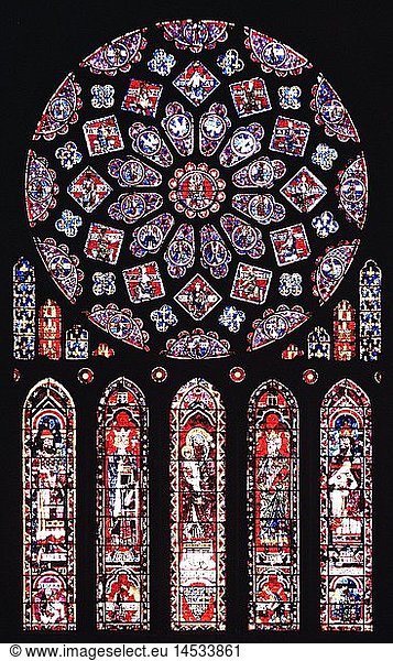 Ãœ Geografie  Frankreich  Chartres  Kirchen und KlÃ¶ster  Kathedrale Notre-Dame  Innenansicht  nÃ¶rdliches Rosettenfenster  1194 - 1260