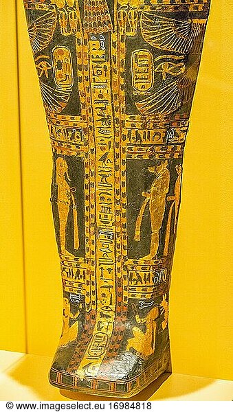Ägypten  Kairo  Ägyptisches Museum  Kartonsarg mit Falkenkopf  gefunden in der königlichen Nekropole von Tanis  Begräbnis des Königs Sheshonq 2. Leinen und goldene Tücher. Er war in einem sehr schlechten Zustand und wurde auf einem Gipsrahmen rekonstruiert.