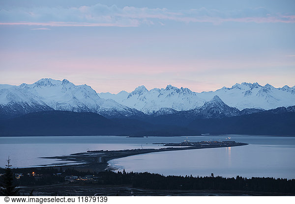 'Homer Spit and the Kenai Mountains; Homer  Alaska  United States of America'