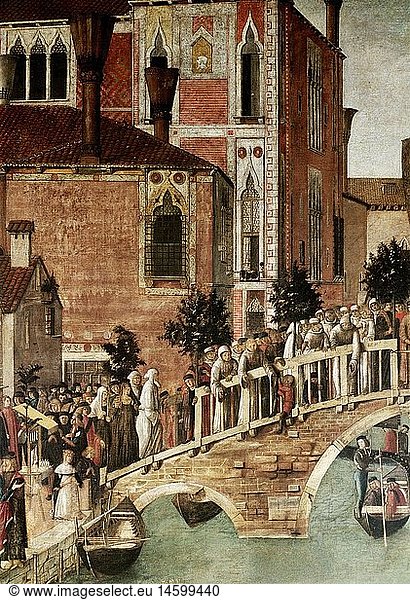 Ãœ Kunst  Bellini  Gentile  (um 1429 - 1507)  GemÃ¤lde  'Wunder der Reliquie bei der BrÃ¼cke von San Lorenzo'  Detail  1500  Tempera auf Leinwand  323 cm x 430 cm  Galerie der Akademie  Venedig  Italien