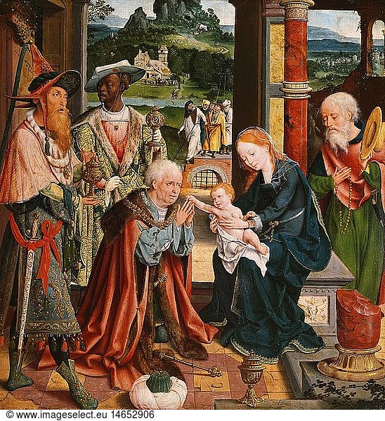 Ãœ Kunst  Cleve  Joos van  (1485 - 1540)  GemÃ¤lde  'Anbetung der KÃ¶nige'  FlÃ¼gelaltar  mittlere Tafel  Eichenholz  Nationalgalerie  Prag