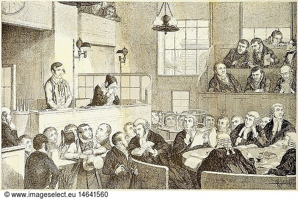 Ãœ Kunst  Cruikshank  George (1792 - 1878)  Grafik  Serie 'Die Kinder des Trunkenbolds'  Blatt 5  'Der ProzeÃŸ am Old Bailey'  Radierung  1848  Privatsammlung