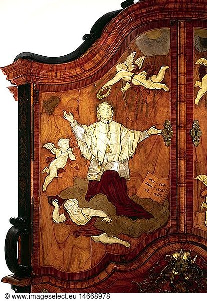 Ãœ Kunst  MÃ¶bel  Schreibschrank  TÃ¼r  Detail  Heiliger Johannes Nepomuk  Mitte 18. Jahrhundert  Holz  furniert  Perlmutt  Elfenbein  Badisches Landesmuseum  SchloÃŸ Bruchsal  Deutschland