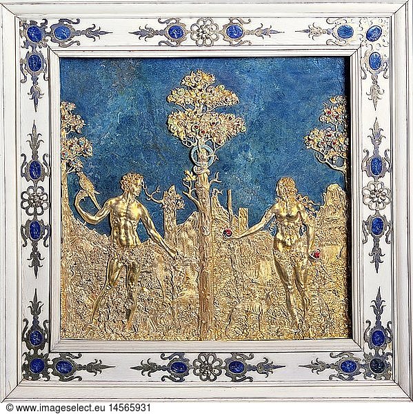 Ãœ Kunst  Sakralkunst  Adam und Eva  Relief  um 1550  Gold  NÃ¼rnberg  Rahmen Elfenbein  Lapislazuli  Schatzkammer der Residenz  MÃ¼nchen
