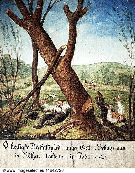 Ãœ Kunst  Sakralkunst  Bildstock  UnglÃ¼ck beim BaumfÃ¤llen  GemÃ¤lde auf Holz  NiederÃ¶sterreich  um 1900  Museum EuropÃ¤ischer Kulturen  Berlin