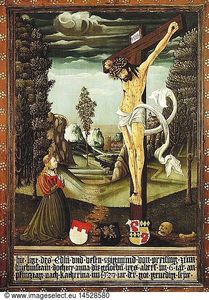 Ãœ Kunst  Sakralkunst  Jesus Christus am Kreuz  Epitaph der Anna von Preysing  GemÃ¤lde auf Holz  1527  86x56 cm  Kreismuseum MÃ¼hldorf am Inn
