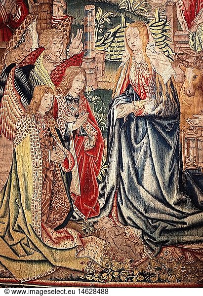 Ãœ Kunst  Sakralkunst  Jesus Christus  Anbetung des Kindes  Detail  Tapisserie  BrÃ¼ssel  um 1505  Bayerisches Nationalmuseum  MÃ¼nchen