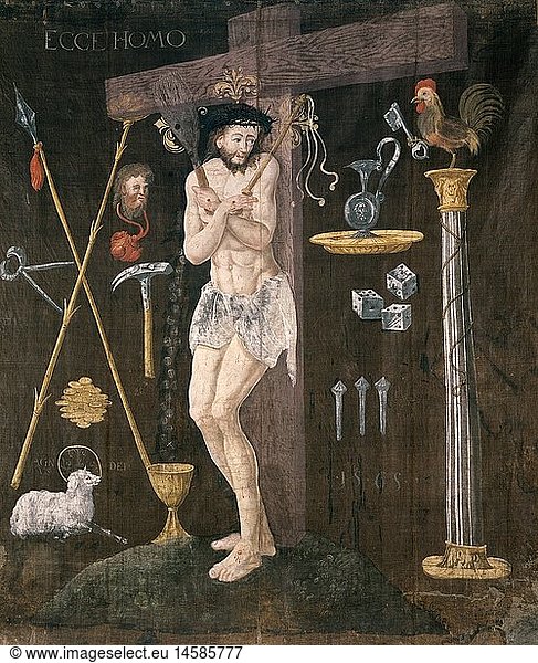 Ãœ Kunst  Sakralkunst  Jesus Christus  Bildnis  Hungertuch mit Christus und Leidenswerkzeugen  1565  Malerei auf Stoff  Klosterkirche MÃ¼nsterlingen  Schweiz