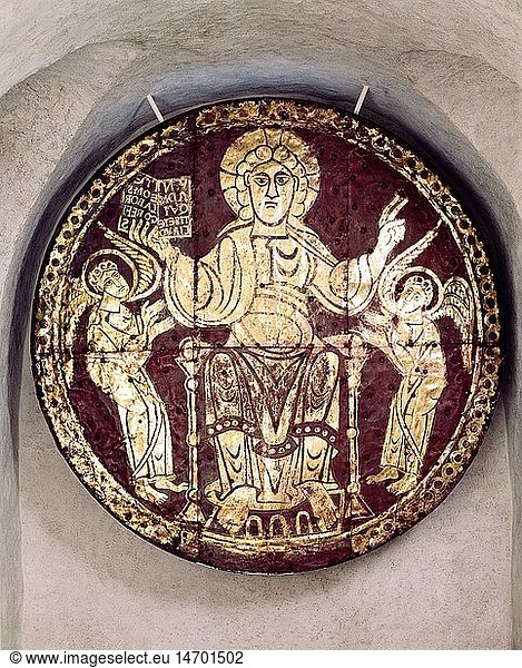 Ãœ Kunst  Sakralkunst  Jesus Christus  thronender Christus  Majestas-Scheibe  Kupfer  feuervergoldet  Konstanz oder Reichenau  um 1000  MÃ¼nster  Konstanz