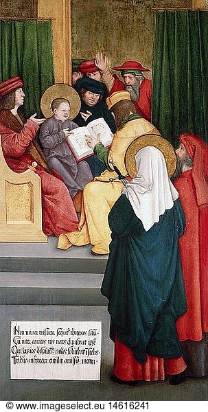 Ãœ Kunst  Strigel  Bernhard (um 1465 / 1470 - 1528)  GemÃ¤lde  'Der zwÃ¶lfjÃ¤hrige Jesus im Tempel'  um 1520  Ã–l auf Holz  34 cm x 63 cm  StÃ¤dtisches Museum  Memmingen  Deutschland