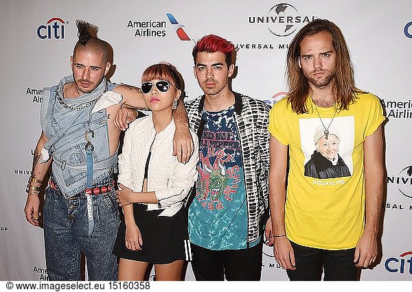 (L-R) Musicians Jack Lawless  JinJoo Lee  Joe Jonas and Cole Whittle of the band DNCE arrive at Universal Music Group's 2016 GRAMMY After Party at The Theatre At The Ace Hotel on February 15  2016 in Los Angeles