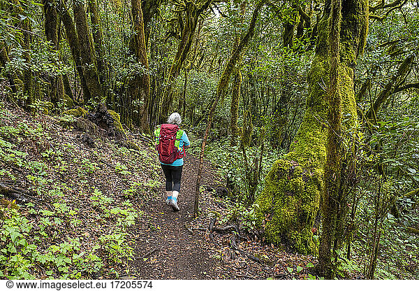 Ältere Frau beim Wandern auf einem Wanderweg im Nationalpark Garajonay