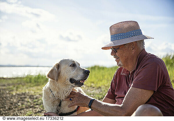 Älterer Mann mit Hut streichelt Golden Retriever an einem sonnigen Tag