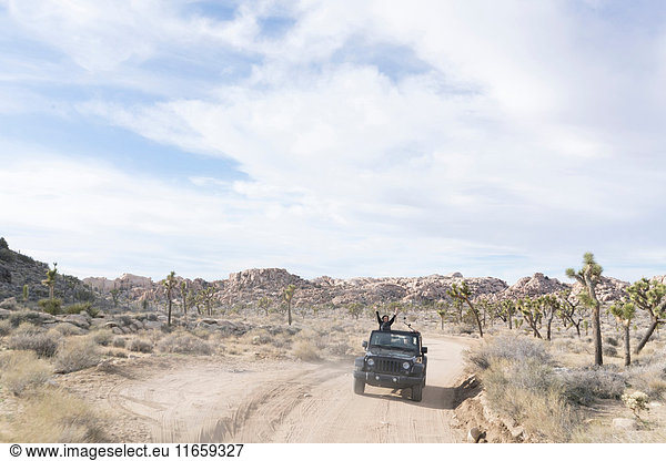 Älteres Ehepaar im Geländewagen in der Wüste  Joshua-Tree-Nationalpark  Palm Springs  Kalifornien  USA