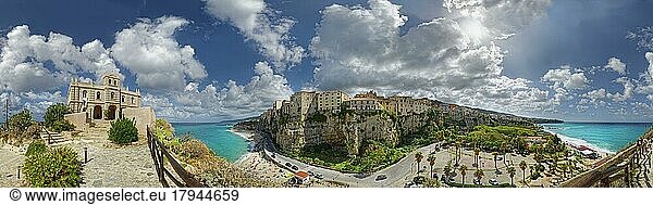 360° panorama with the medieval church Santuario di Santa Maria dell Isola and the old town of Tropea with its turquoise sea and sandy beaches  Tropea  Vibo Valentia  Calabria  Southern Italy  Italy  Europe