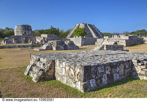 'Round Temple (back,  left),  Castillo de Kukulcan (back,  right),  Mayapan Mayan archaeological site; Yucatan,  Mexico'
