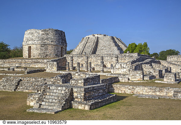 'Round Temple  Castillo de Kukulcan (background)  Mayapan Mayan archaeological site; Yucatan  Mexico'