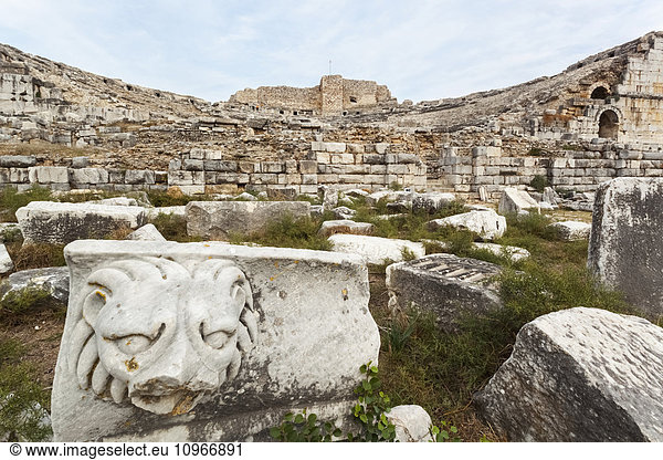 'Sculpture of a lion at the ruins of an amphitheatre; Miletus Turkey'