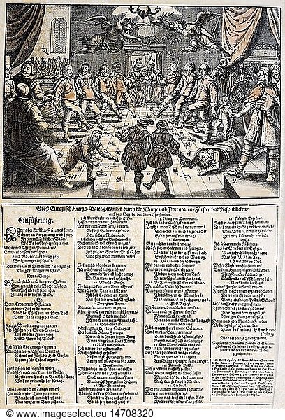 Ãœ SG hist.  Ereignisse  DreissigjÃ¤hriger Krieg 1618 - 1648  Karikatur  'GroÃŸ - EuropÃ¤isches Kriegsballett'  Flugblatt  Stich  koloriert  Deutschland  nach 1632  Privatsammlung