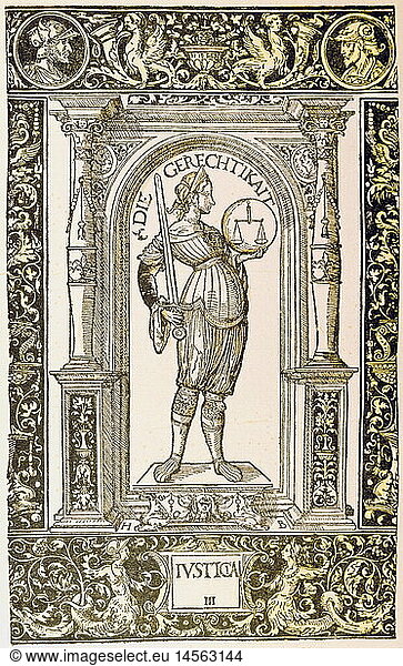 Ãœ SG. hist. Justiz  Allegorien  Gerechtigkeit  Holzschnitt von Hans Burgkmair der Ã„ltere  Augsburg  um 1525