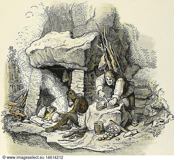 Ãœ SG hist. Literatur  Robinson Crusoe  von Daniel Defoe  1741 - 1743  Illustration von Ludwig Richter  'Robinson und sein GefÃ¤hrte Freitag'  1848  col. Holzstich  Privatsammlung