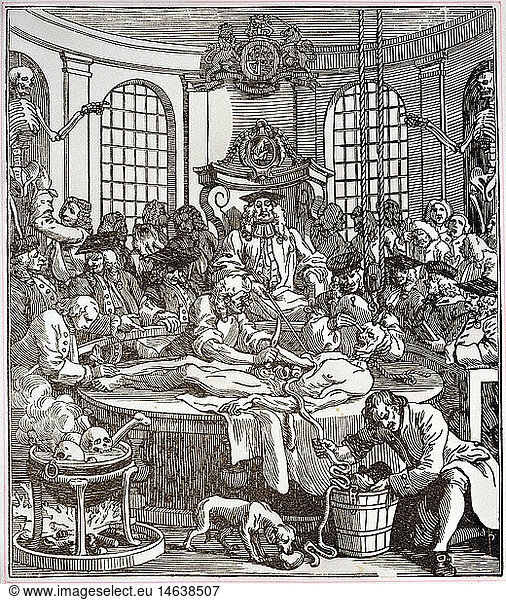 Ãœ SG. hist.  Medizin  Anatomie  Karikatur  Sezierung  Kupferstich von William Hogarth aus der Serie 'In the Reward of Cruelty'  1750/1751  Privatsammlung
