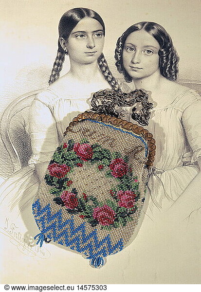 Ãœ SG. hist.  Mode  Handtaschen  Handtasche mit Blumendekor und Perlen auf Litographie mit MÃ¤dchenbildnis  um 1830/1840