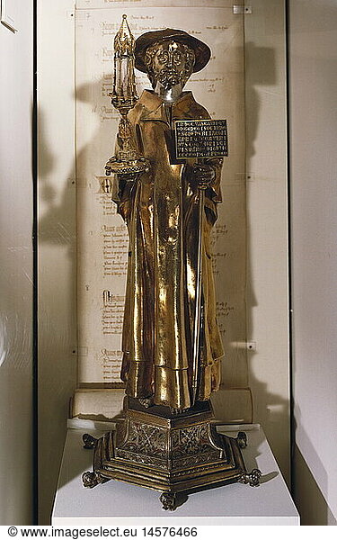 Ãœ SG. hist.  Religion  Christentum  Reliquien  Figurenreliquiar des Heiligen Jakobus im Pilgergewand  Skulptur  Silber vergoldet  Paris  um 1321