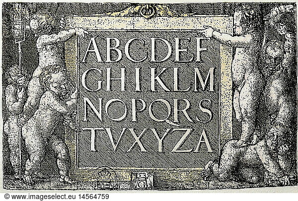 Ãœ SG hist. Schreiben  Alphabet  Alphabet-Tafel  Kupferstich  koloriert  von Heinrich Aldegrever (1502 - nach 1555)  Deutschland  1535