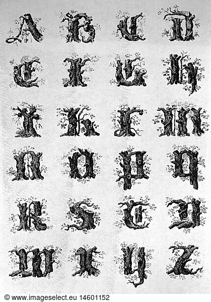 Ãœ SG hist. Schreiben  Alphabet  Initialen aus Holz  von Joseph Balthazar Silvestre  aus 'Alphabet Album'  Paris  Frankreich  1843  Privatsammlung